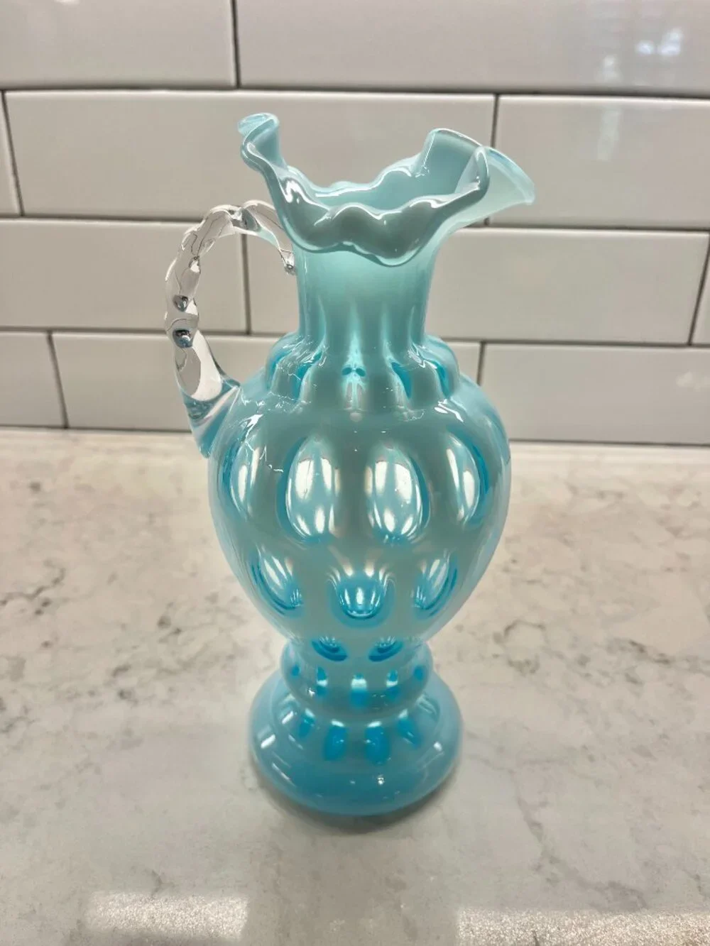 Vintage Fenton Art Glass Pitcher/Ewer in the Coin Dot Blue Opalescent Pattern